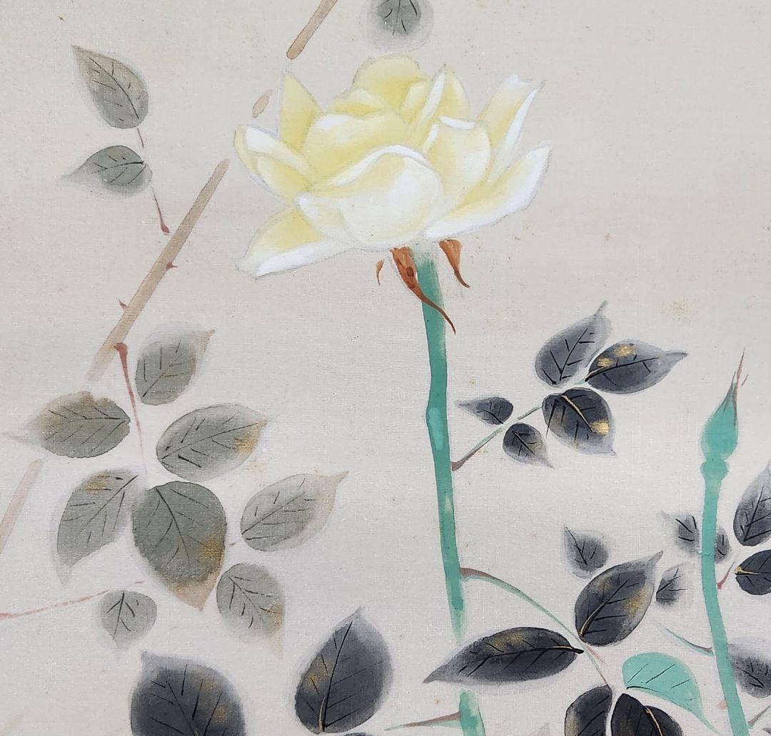 【薔薇小禽図】新村友畝 2695 バラ 掛け軸 肉筆 共箱 荒木十畝門下