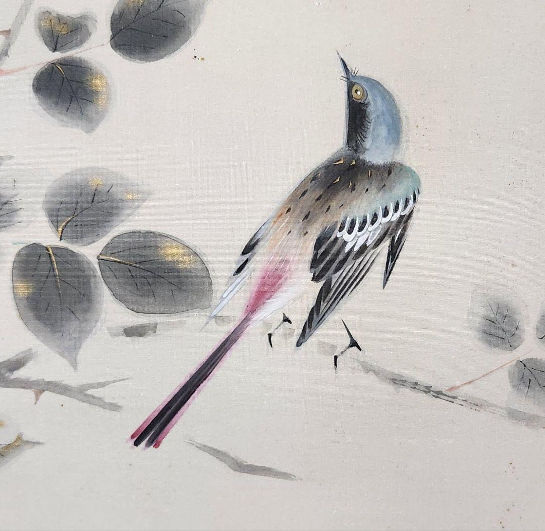 【薔薇小禽図】新村友畝 2695 バラ 掛け軸 肉筆 共箱 荒木十畝門下