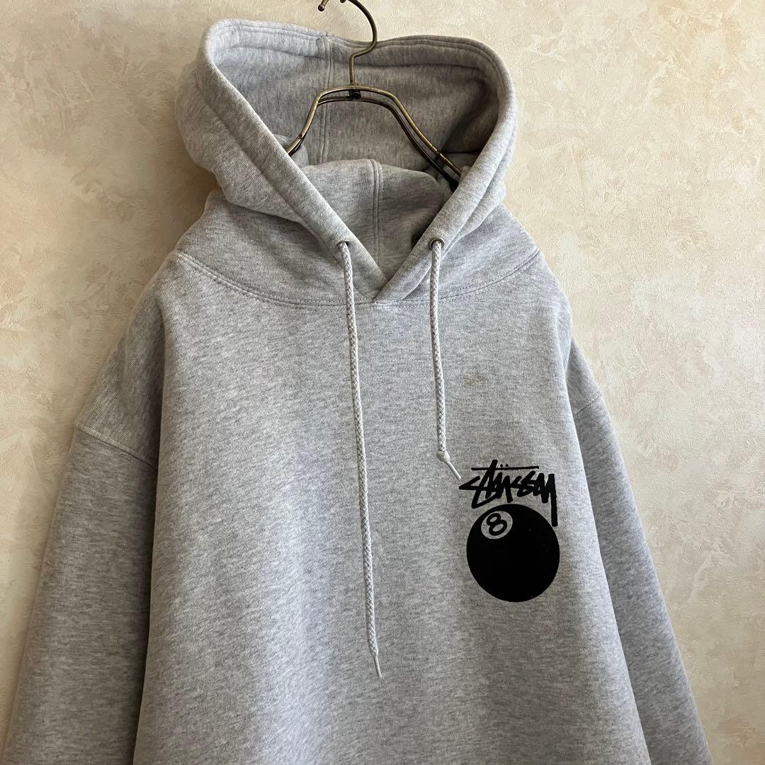 古着 ステューシー 両面ロゴ 8ボール パーカー グレー XL 裏地フリース
