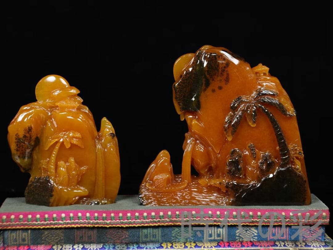 中国古美術【田黄石 山水人物】尚均作款 細密彫 純手彫り 寿山石細作 在銘 擺件