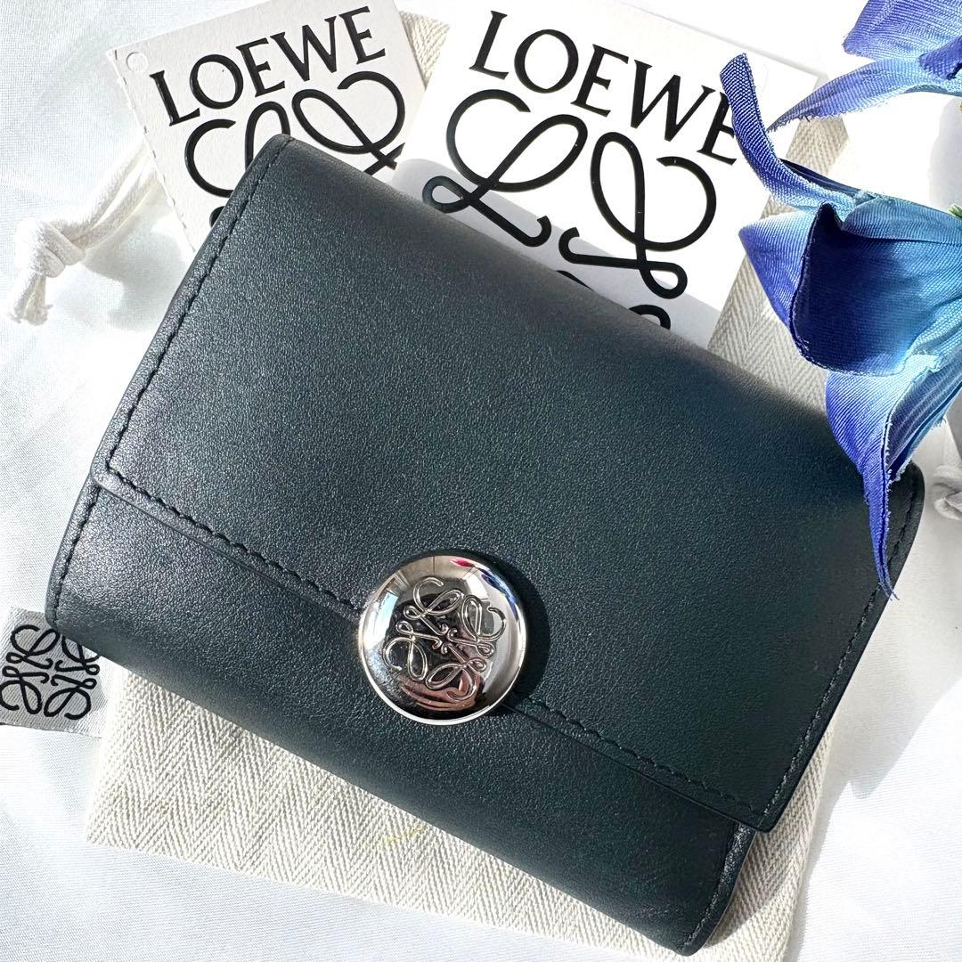 極美品/現行✨ロエベ 折り財布 ペブル アナグラム レザー ダークグリーン