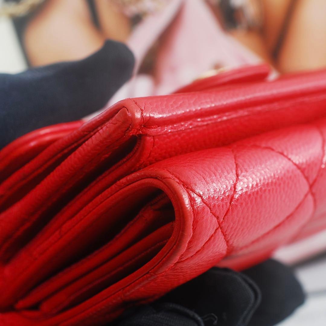 シャネル＊CHANEL＊キャビアスキン＊マトラッセ＊三つ折り財布＊レッド