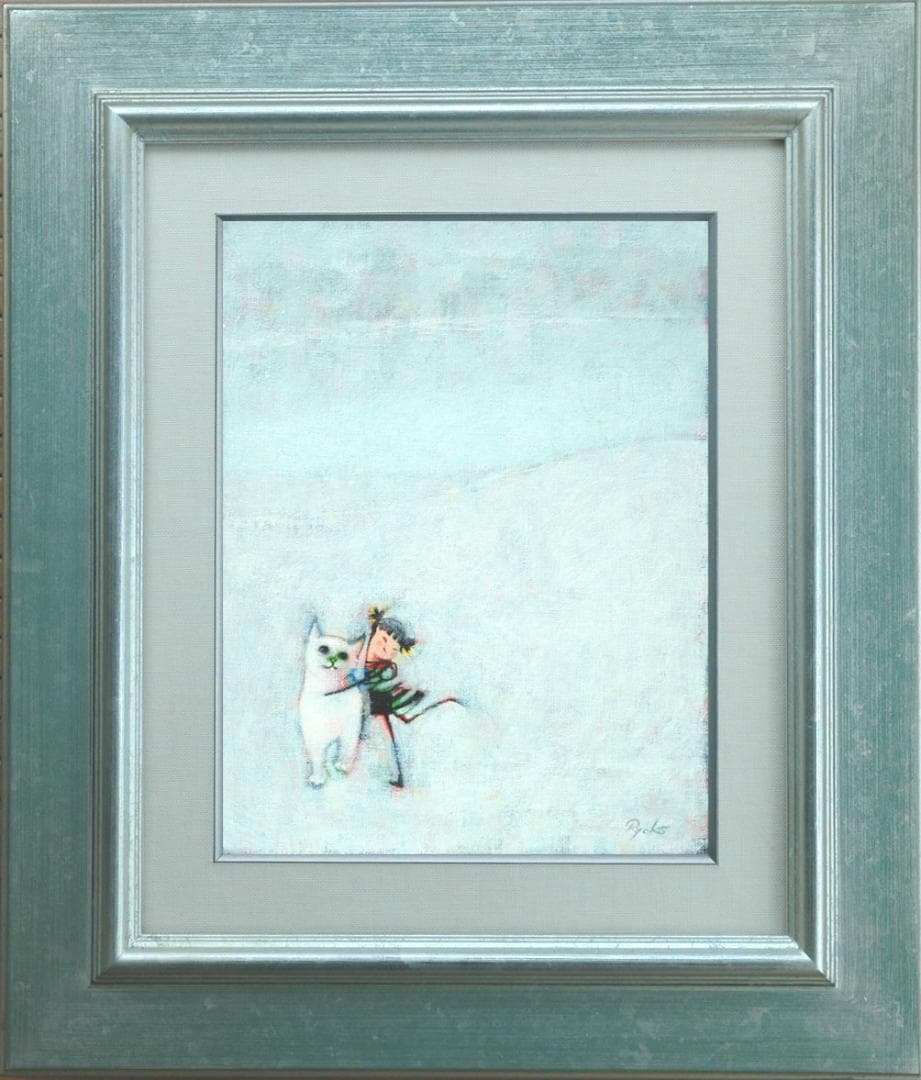 油絵 菅家令子 絵 絵画インテリア額付(青緑＋金色の枠)F3-091918猫女子