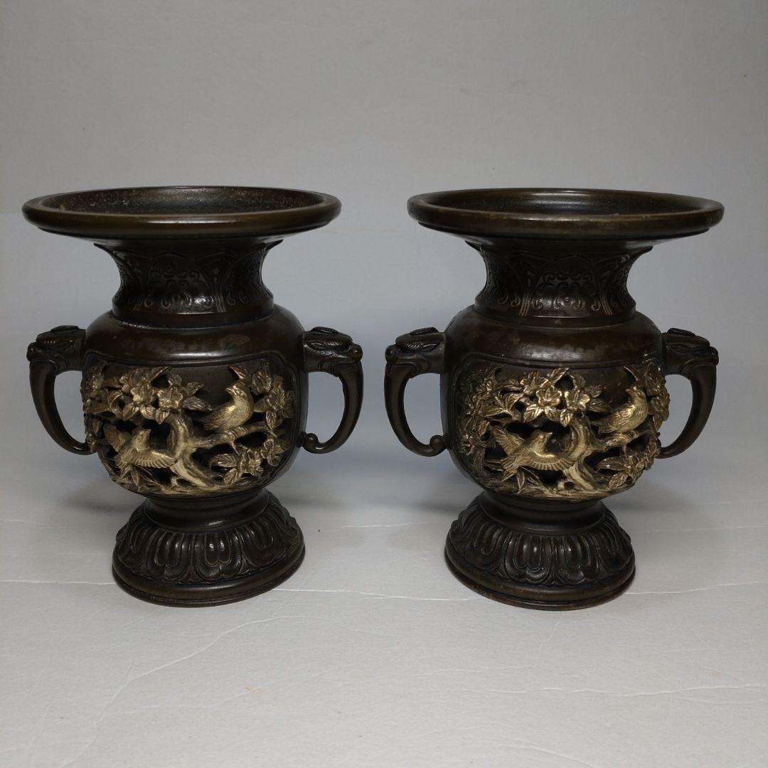 銅製 花鳥図 五具足 在銘／獅子香炉 燭台 花立 法具 仏教 仏壇 彫金 獣耳