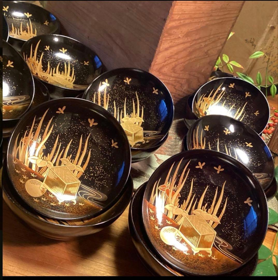 A1060 木製輪島塗　懐石道具　衝羽根に流水菖蒲　蒔絵　2客