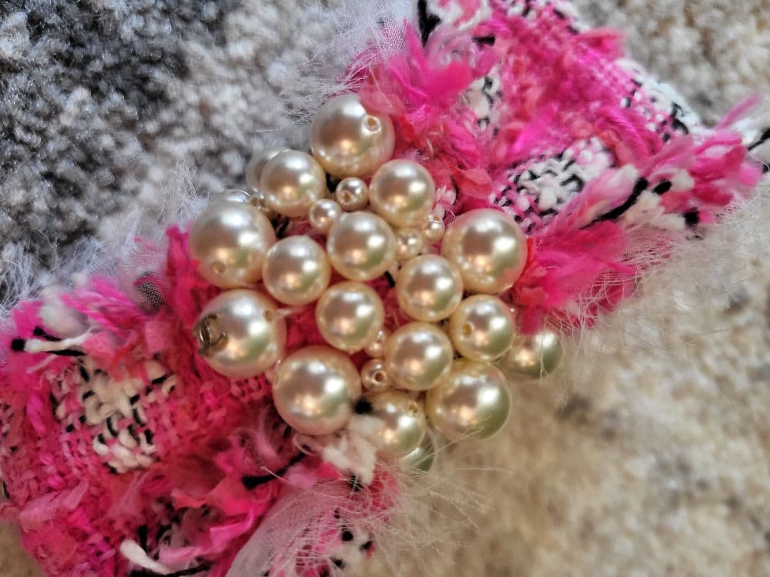 『CHANEL』シャネル　ピンク ツイード パール リボン バレッタ