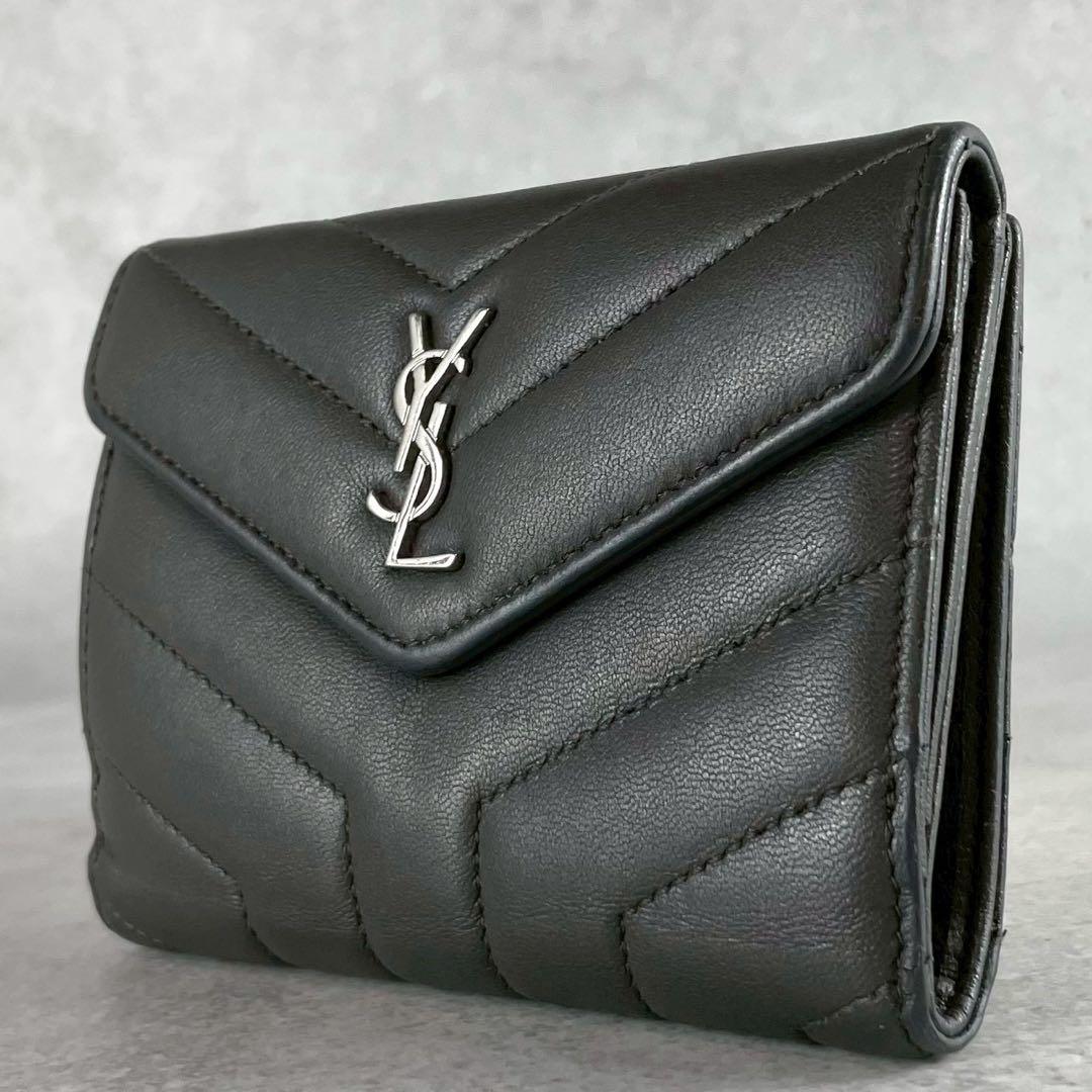 【美品】サンローランパリ 三つ折財布 カサンドラ レザー グレー