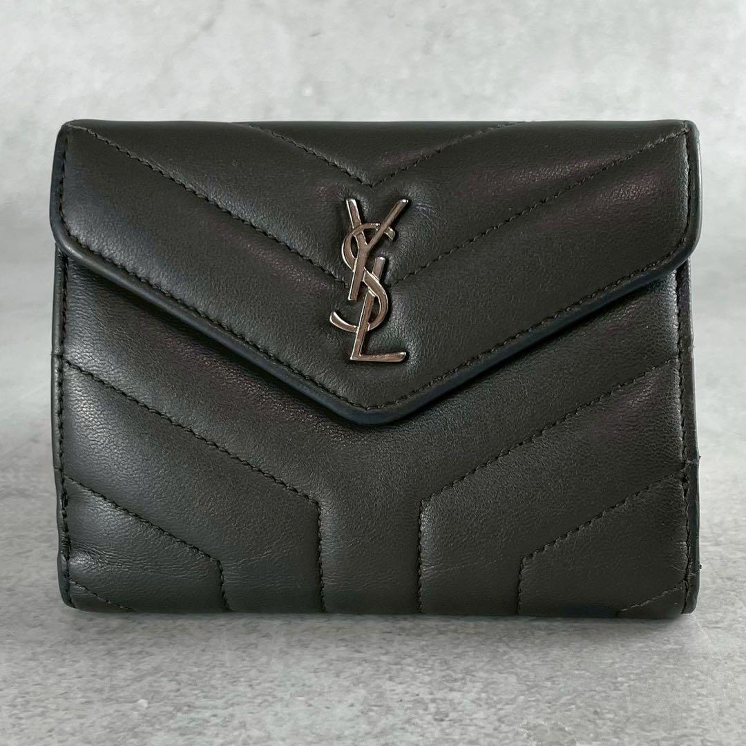 【美品】サンローランパリ 三つ折財布 カサンドラ レザー グレー