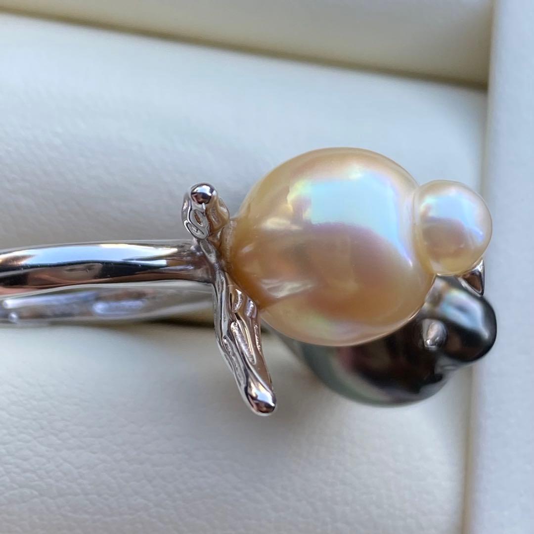 本真珠　南洋黒蝶真珠&白蝶真珠ダブルリング「鳥と枝」グリーンゴールドL1268