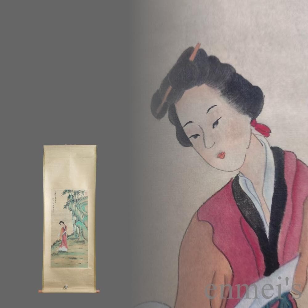 中国古美術.唐寅款.侍女図.宣紙画.三尺手描き.肉筆.絵画.書道.巻き物.旧蔵出