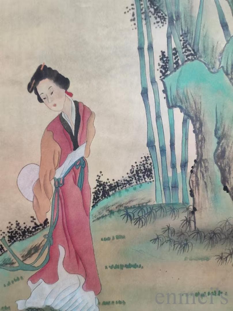 中国古美術.唐寅款.侍女図.宣紙画.三尺手描き.肉筆.絵画.書道.巻き物.旧蔵出