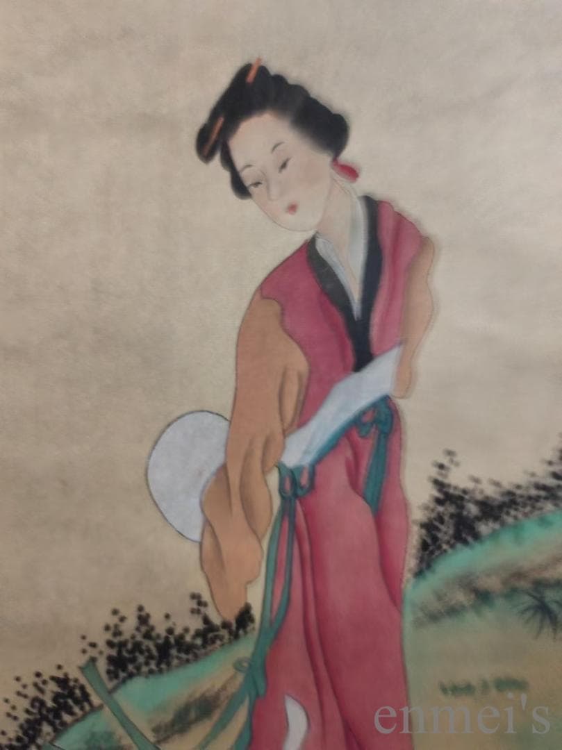 中国古美術.唐寅款.侍女図.宣紙画.三尺手描き.肉筆.絵画.書道.巻き物.旧蔵出
