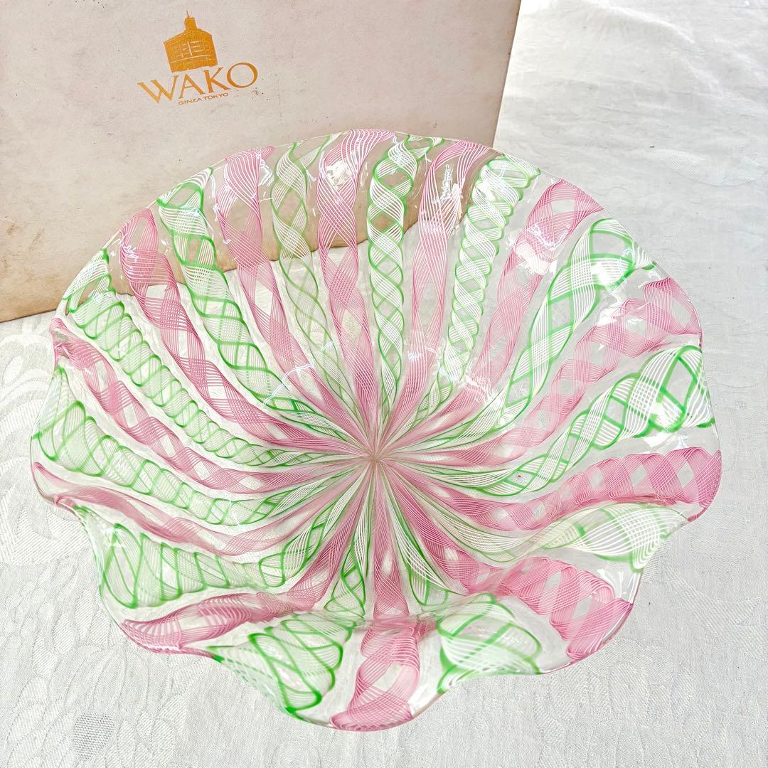 【希少】ベネチア　ムラーノ　バラリン工房　レースガラス　ボウル　ピンク　グリーン