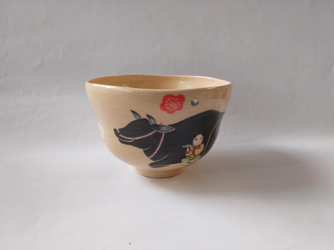 龍喜窯 今城美峰 作 色絵 牛と梅 茶碗 前大徳 橋本紹尚書付 共箱 共布 新品