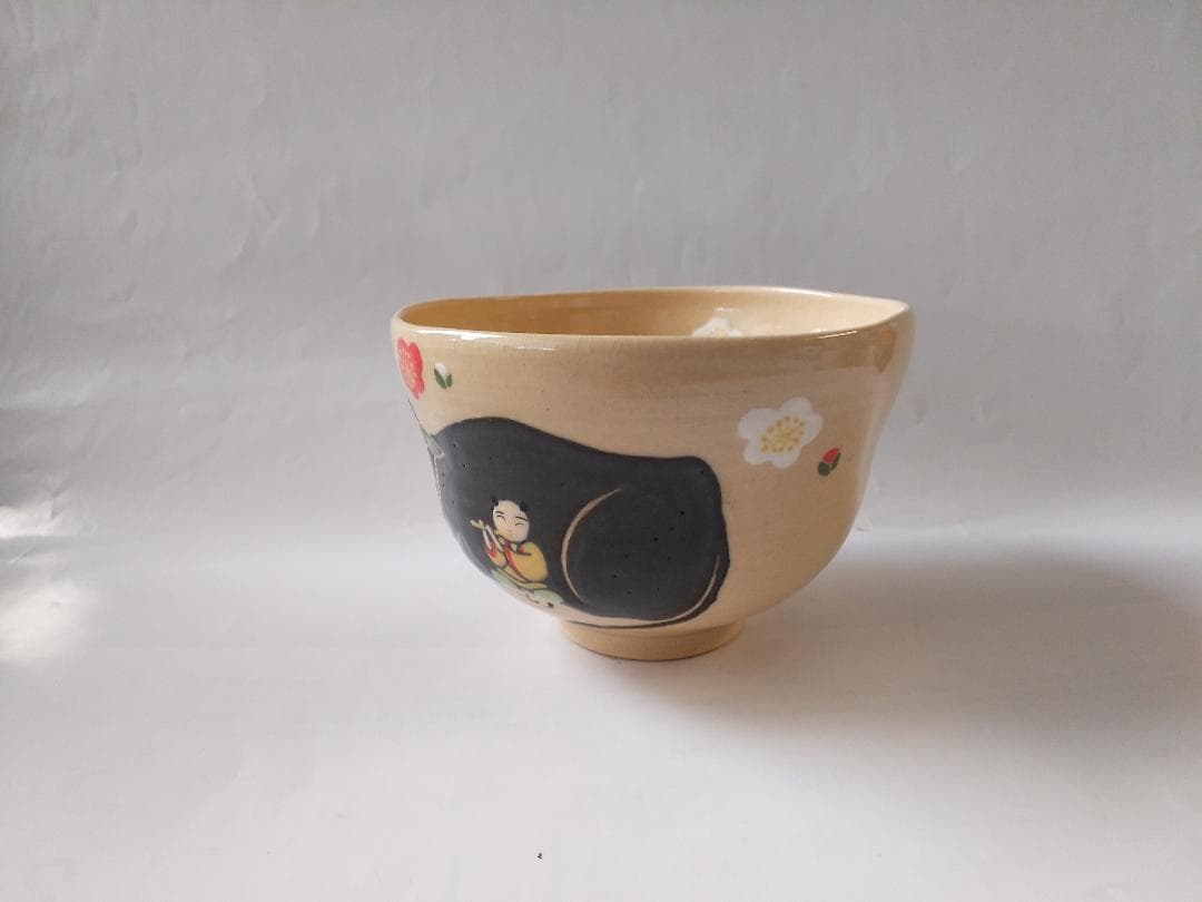 龍喜窯 今城美峰 作 色絵 牛と梅 茶碗 前大徳 橋本紹尚書付 共箱 共布 新品