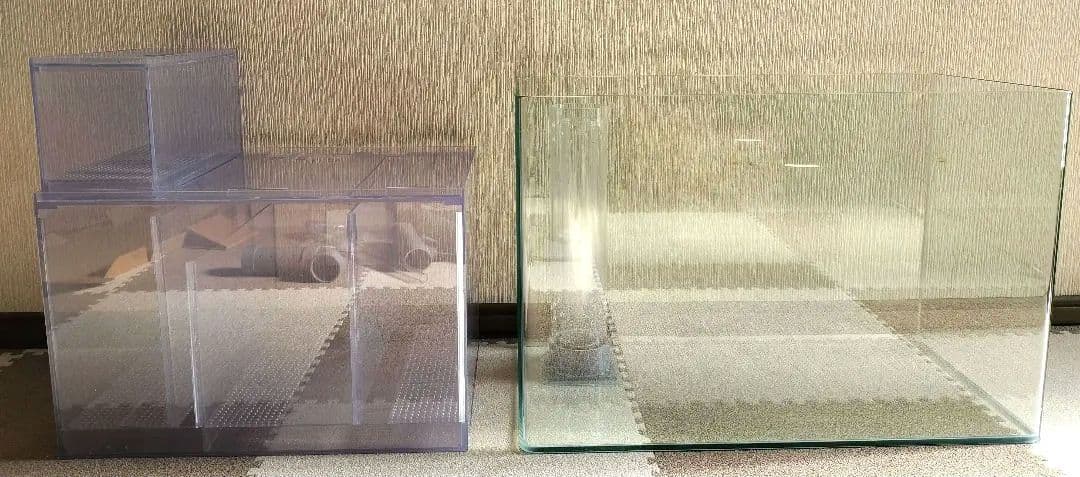 オーバーフロー曲げガラス水槽 濾過槽　セット　排水管付き