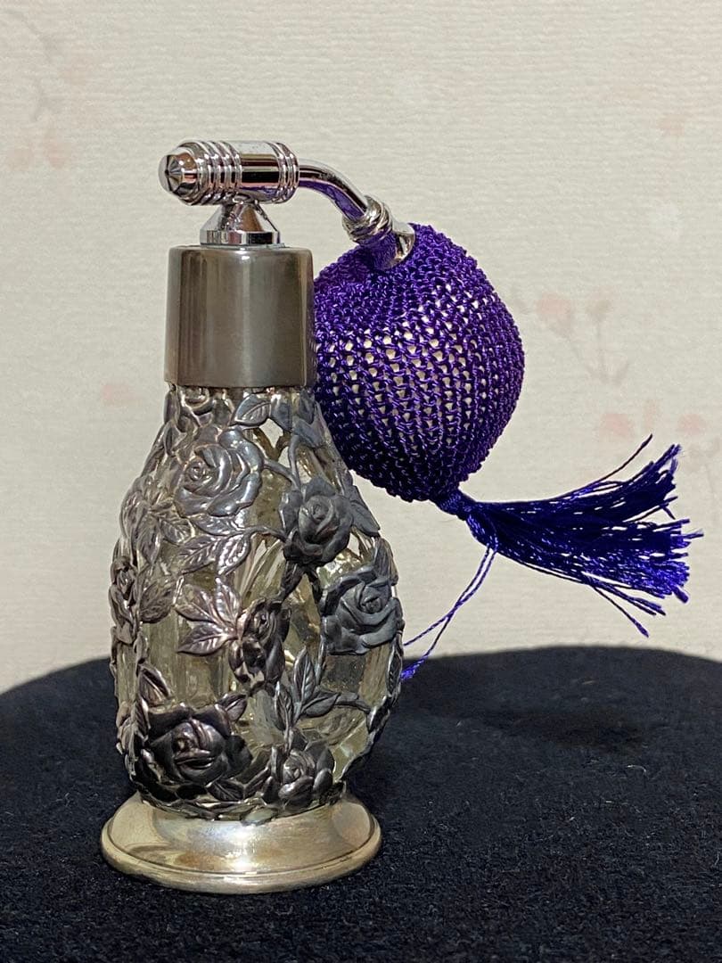 ♦銀製 ガラス 薔薇文様 透かし彫り 被せ 香水瓶 アールヌーボー様式 骨董品