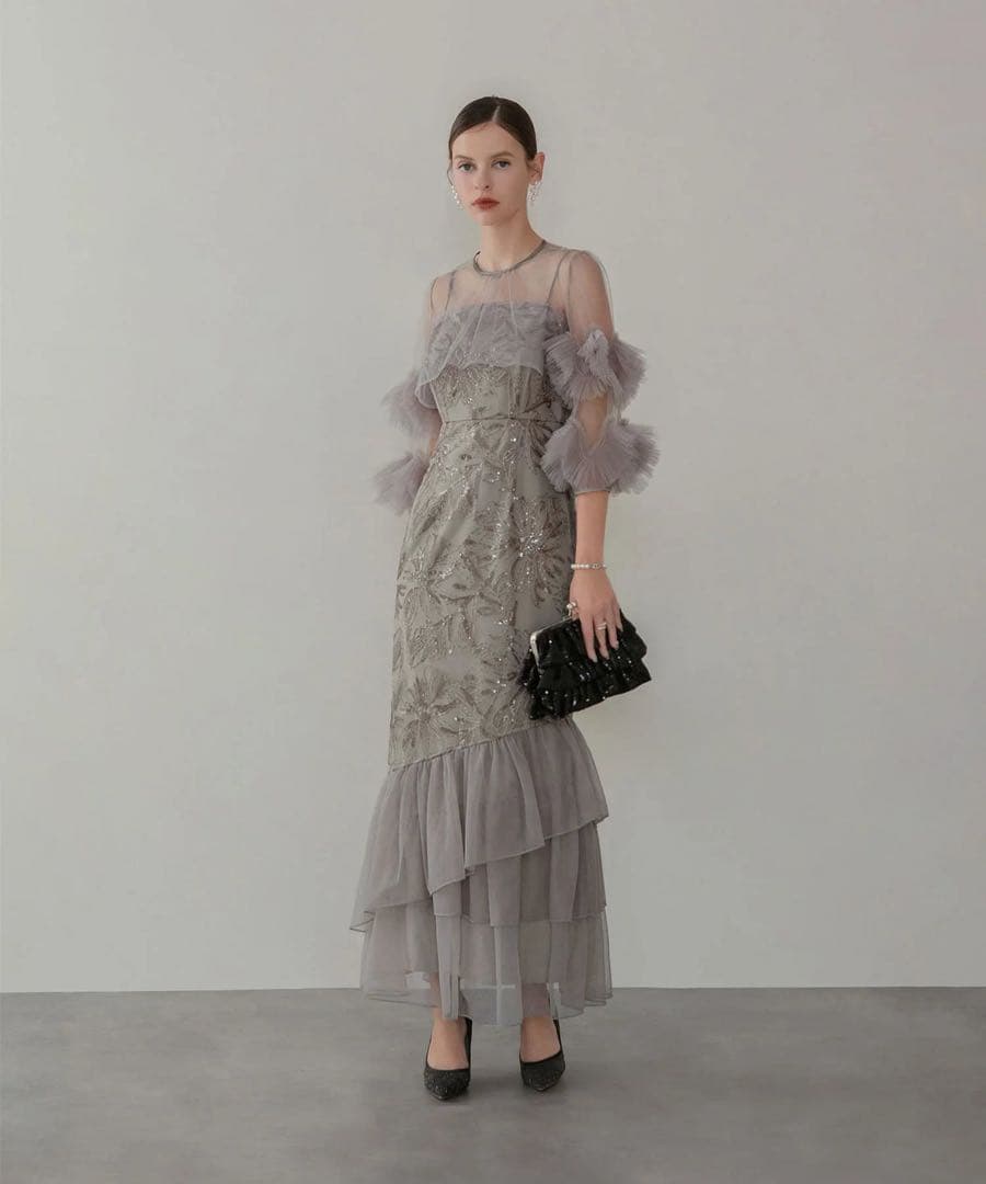 【Leja】フラワースパンコールチュールフリルスリーブIラインワンピースドレスS