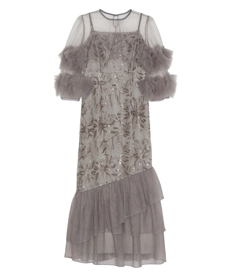 【Leja】フラワースパンコールチュールフリルスリーブIラインワンピースドレスS