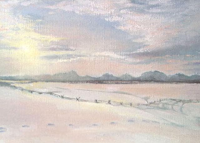 油絵 菅家令子 絵 絵画 インテリア 額付(白) F6-030707 雪 朝夕陽