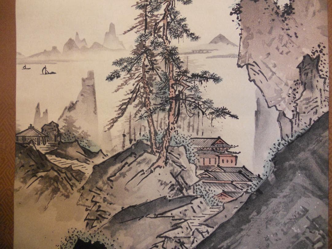 掛け軸 雪舟 山水図 紙本 名品 複製 希少 軸装 茶道具 掛軸 新品 未使用