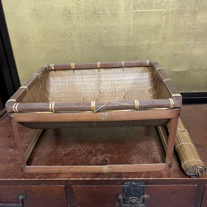 値下げしました！竹籠台付　まきす　ザル　古民具　古道具　昭和レトロ