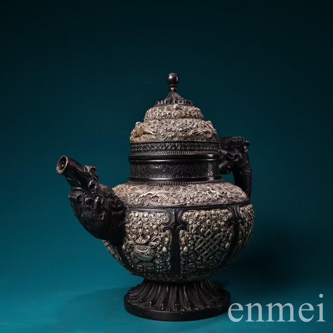 中国古美術・チベット収蔵・純銅鍍銀「吉祥八宝」バター茶壺・純手作り・急須・茶壺