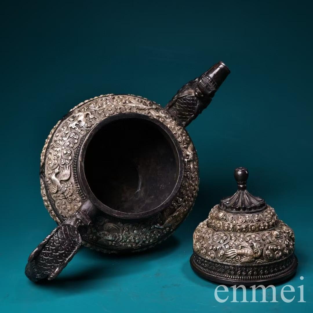 中国古美術・チベット収蔵・純銅鍍銀「吉祥八宝」バター茶壺・純手作り・急須・茶壺