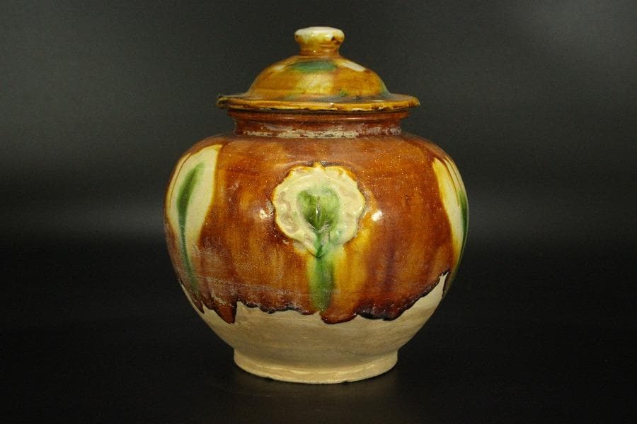 中国美術 唐三彩 蓋壷 高19cm(LC153)