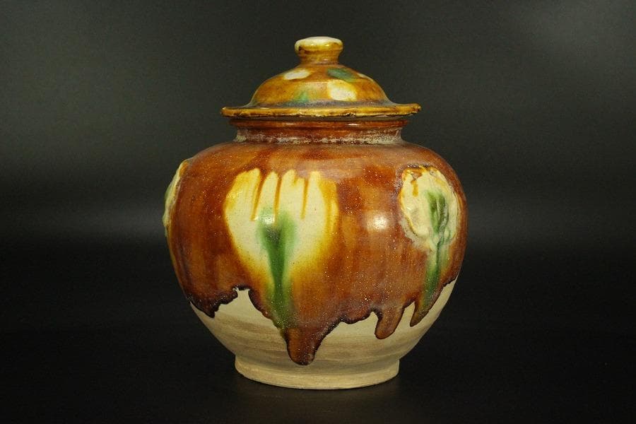 中国美術 唐三彩 蓋壷 高19cm(LC153)