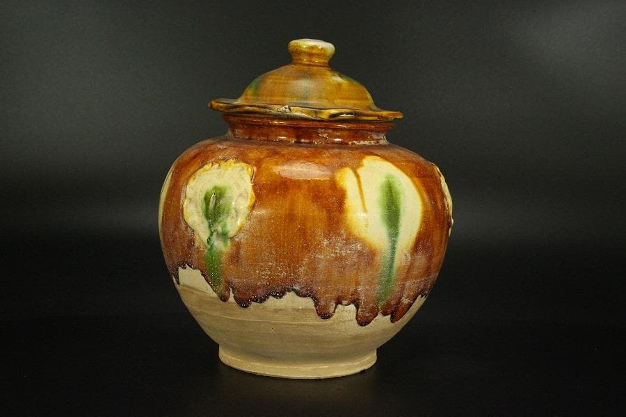 中国美術 唐三彩 蓋壷 高19cm(LC153)