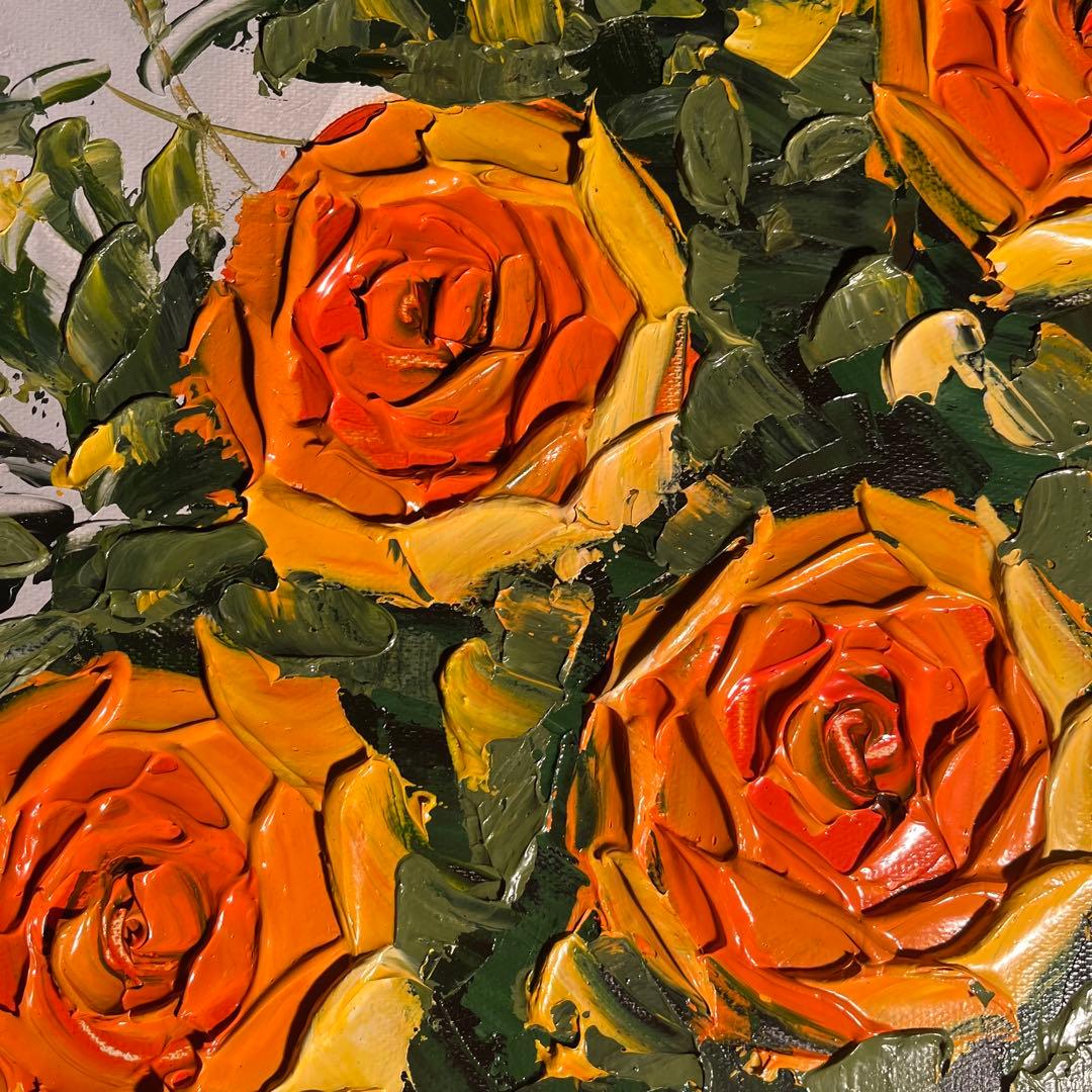 ★特大秀作★ 手書き油絵 イエローローズ 肉筆絵画 額付き インテリア 油彩画