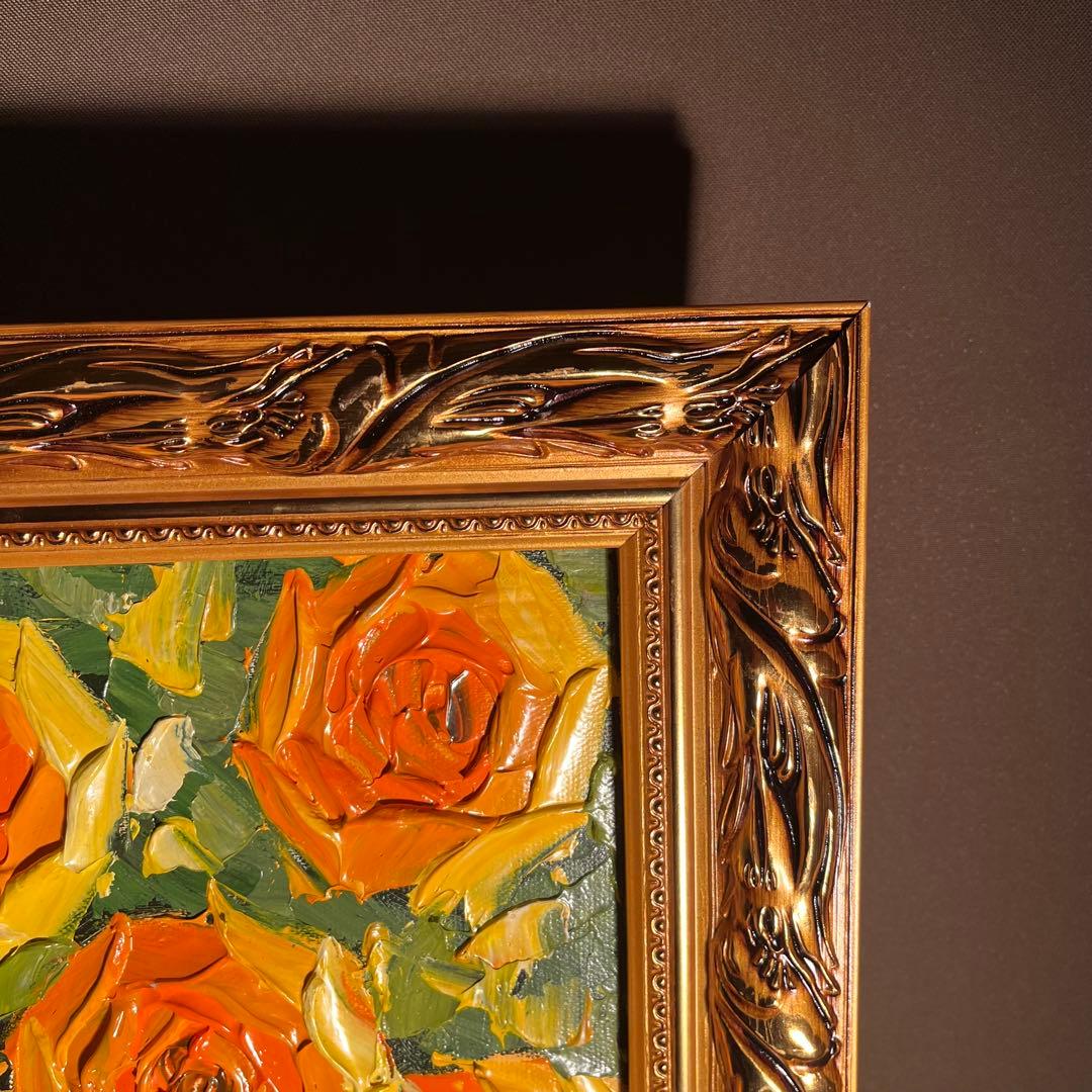 ★特大秀作★ 手書き油絵 イエローローズ 肉筆絵画 額付き インテリア 油彩画