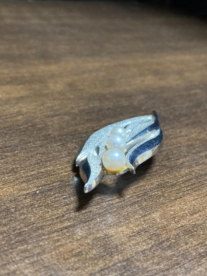 MIKIMOTO ミキモト パール 真珠 3粒 3珠 リーフ ブローチ シルバー