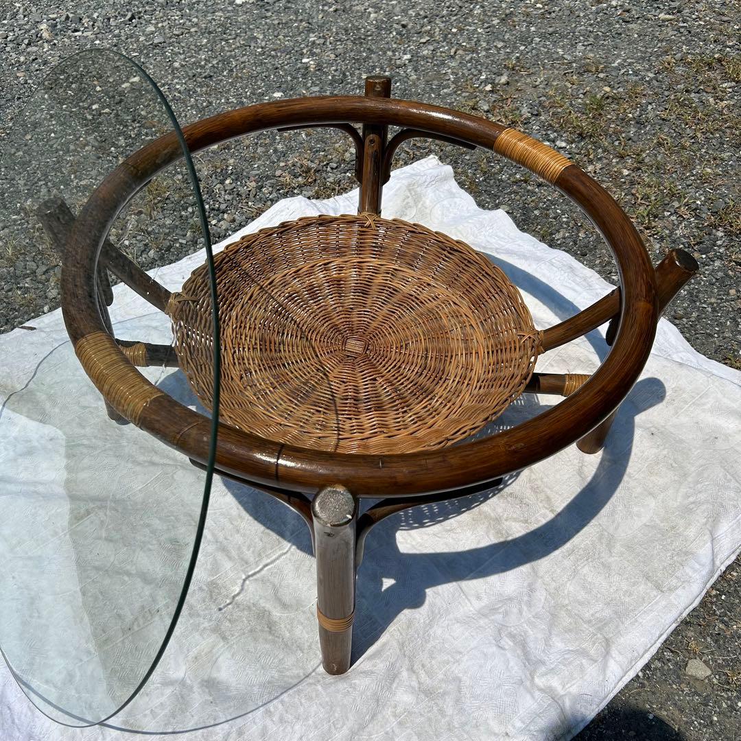 ラタン　ガラス　センターテーブル　リビングテーブル　70cm アジアンテイスト