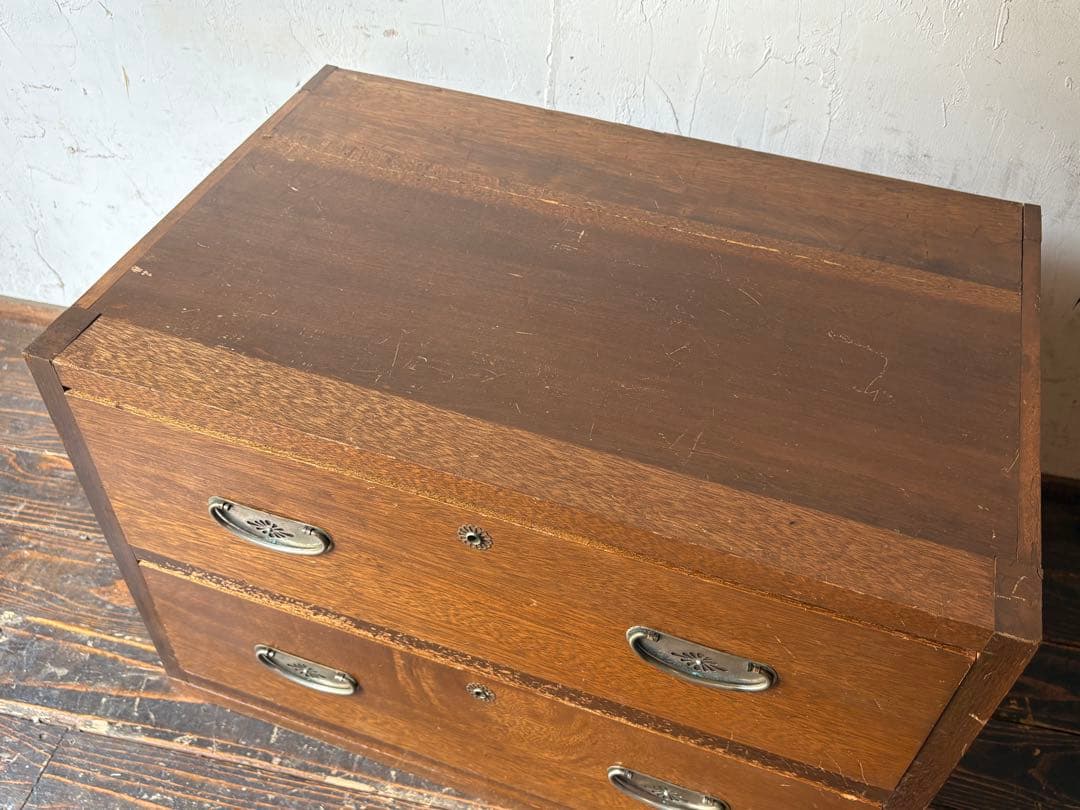 木製2段タンス 鍵付き アンティーク レトロ