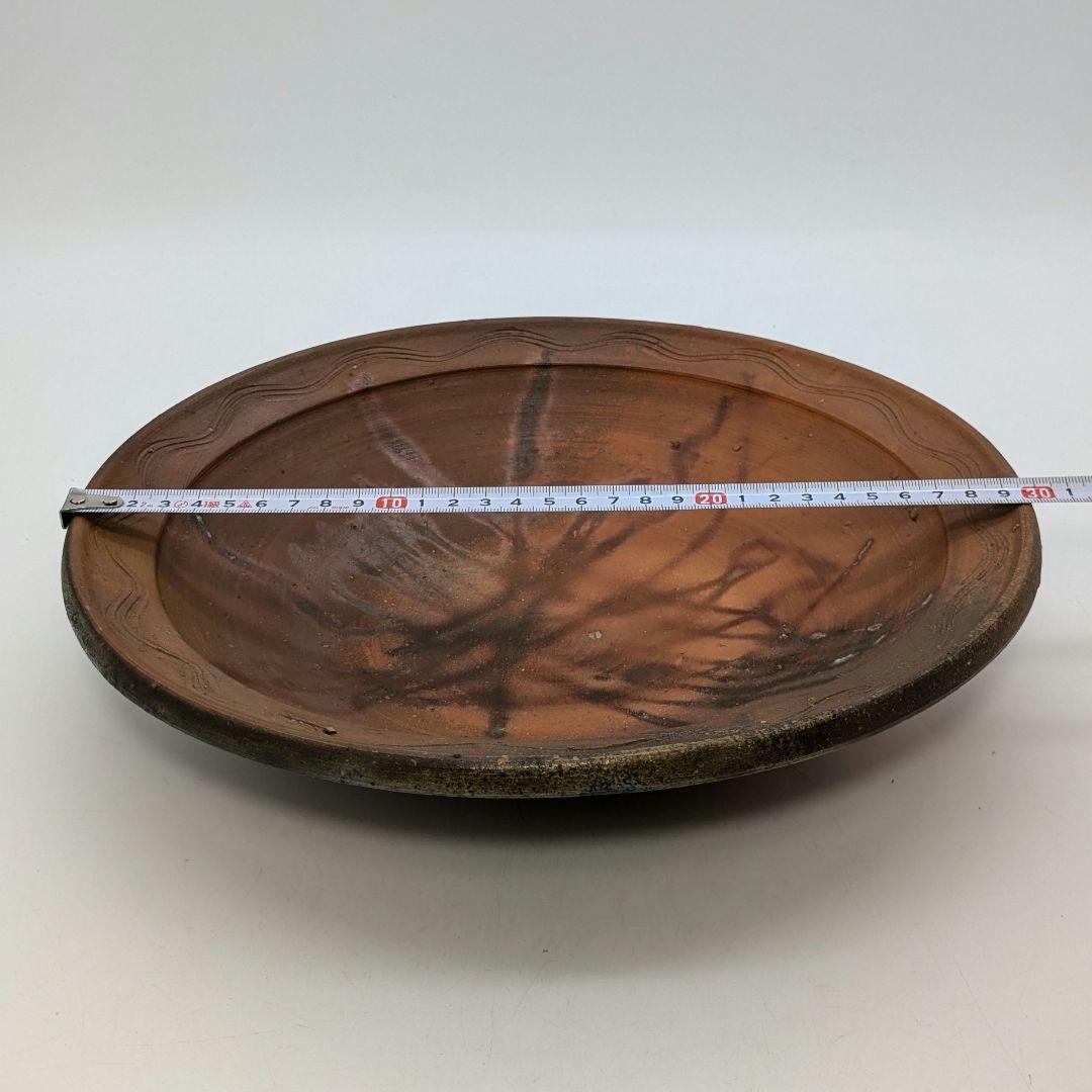 岡山県重要無形文化財 伊勢崎満 備前焼 緋襷皿 共箱栞 直径30cm 食器 盛皿