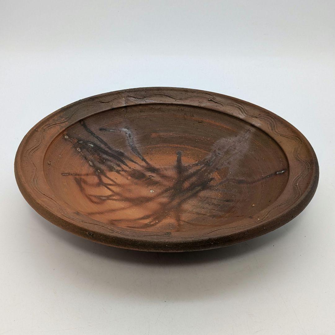 岡山県重要無形文化財 伊勢崎満 備前焼 緋襷皿 共箱栞 直径30cm 食器 盛皿