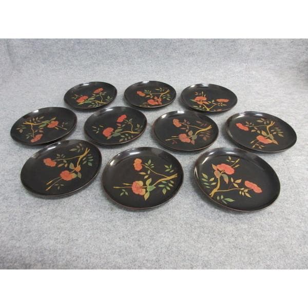 会津塗黒塗蒔絵牡丹文銘々皿10枚 [B26981]
