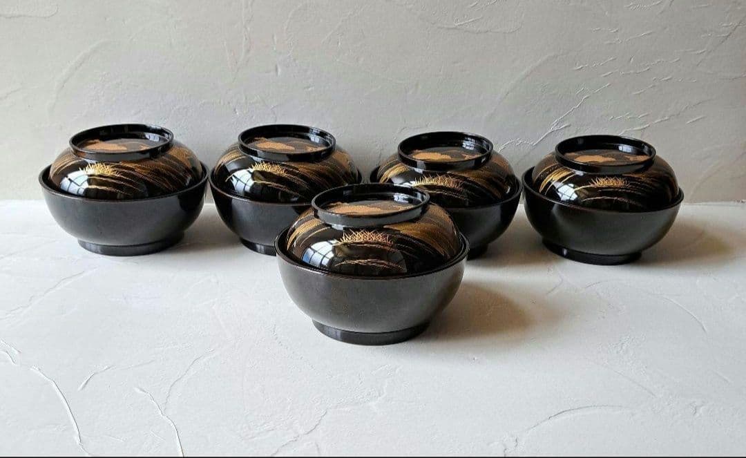 蓋付き 菓子椀 5客 煮物椀　骨董品　木製漆器