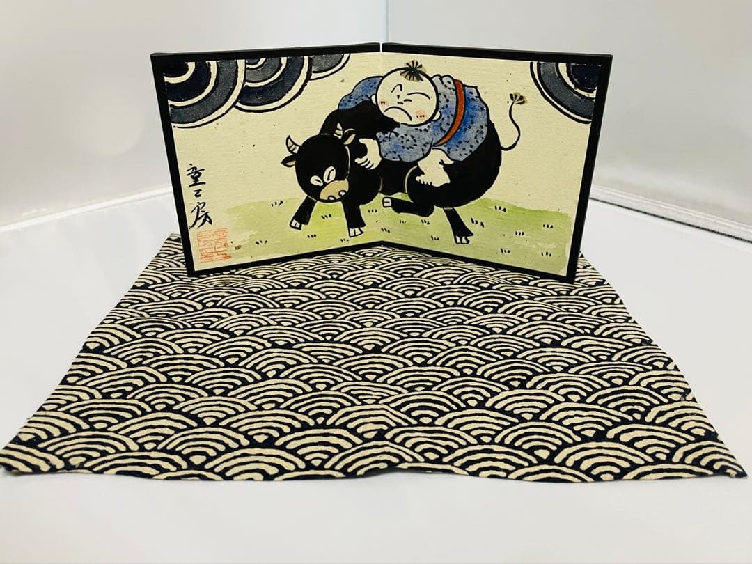 未使用品有田焼童工房陶器製 牛の置物 屏風＊マット付き木箱付き