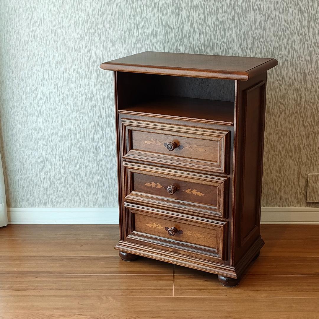 象嵌　アンティーク　キャビネット　丸脚　木製　引き出し3杯