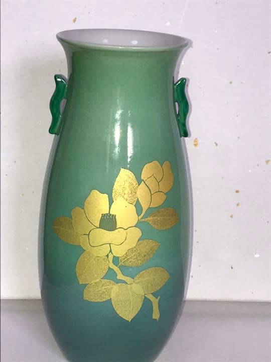 吉田美統 【釉裏金彩 耳付き 花瓶 椿文】約25cm 共箱 共布 陶歴付き Y9
