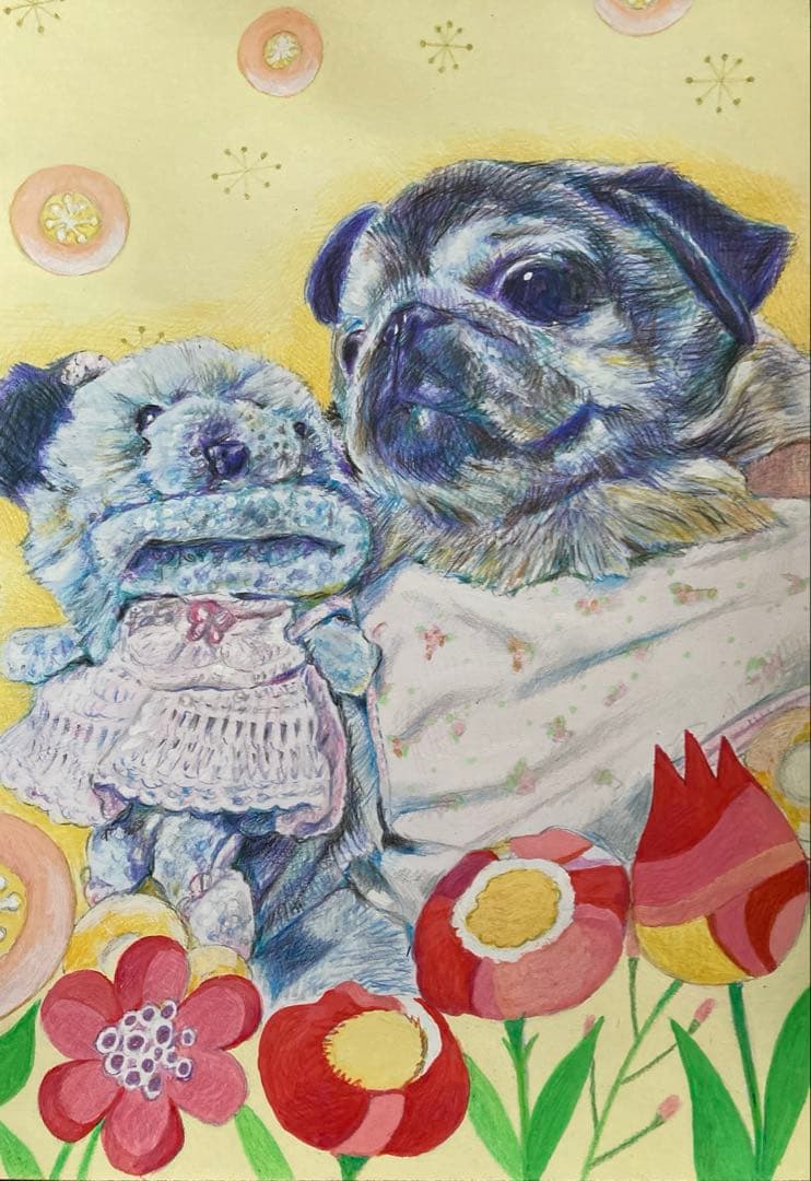 りんねです。パグ　色鉛筆画　犬の絵