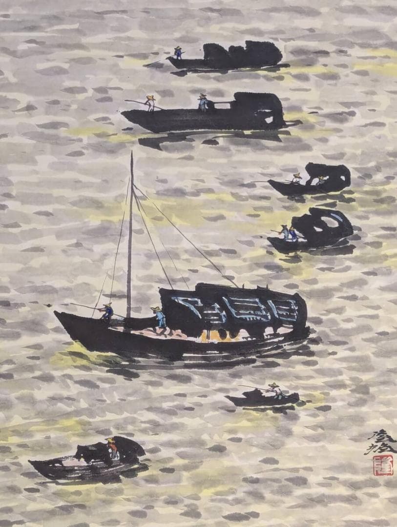 【真作】絵画　日本画6号　珠江　風情ある舟行の情景　優雅な水辺風景画　Y78