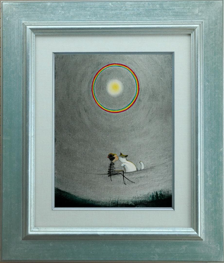 油絵 菅家令子 絵 絵画 インテリア 額付(黒) F3-031019子猫と女の子