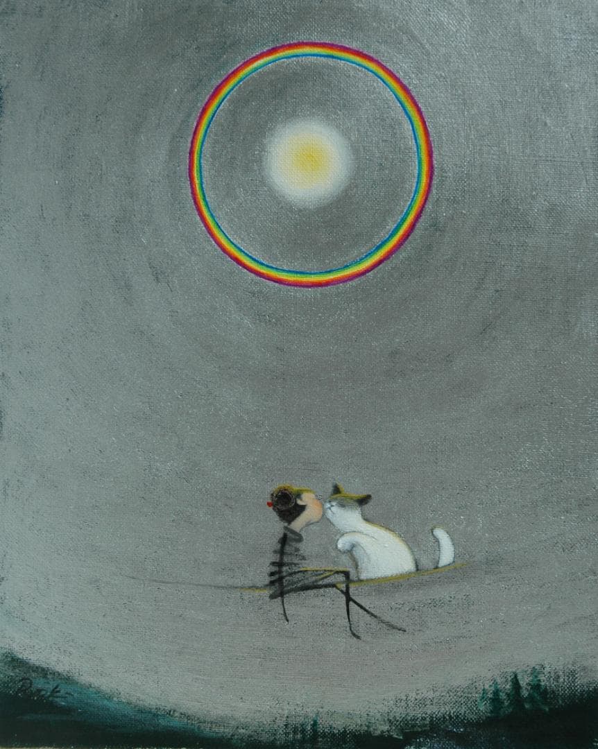 油絵 菅家令子 絵 絵画 インテリア 額付(黒) F3-031019子猫と女の子