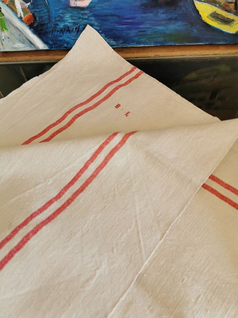 アンティークフランス ダブルレッドライン ホームスパンリネン大判クロス ＢＬ刺繍