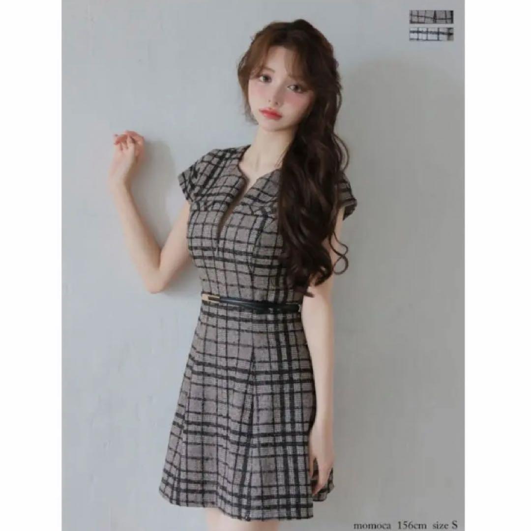 新品　ディアバイローブドフルール　チェックツイード袖付きプリーツスカート　ドレス