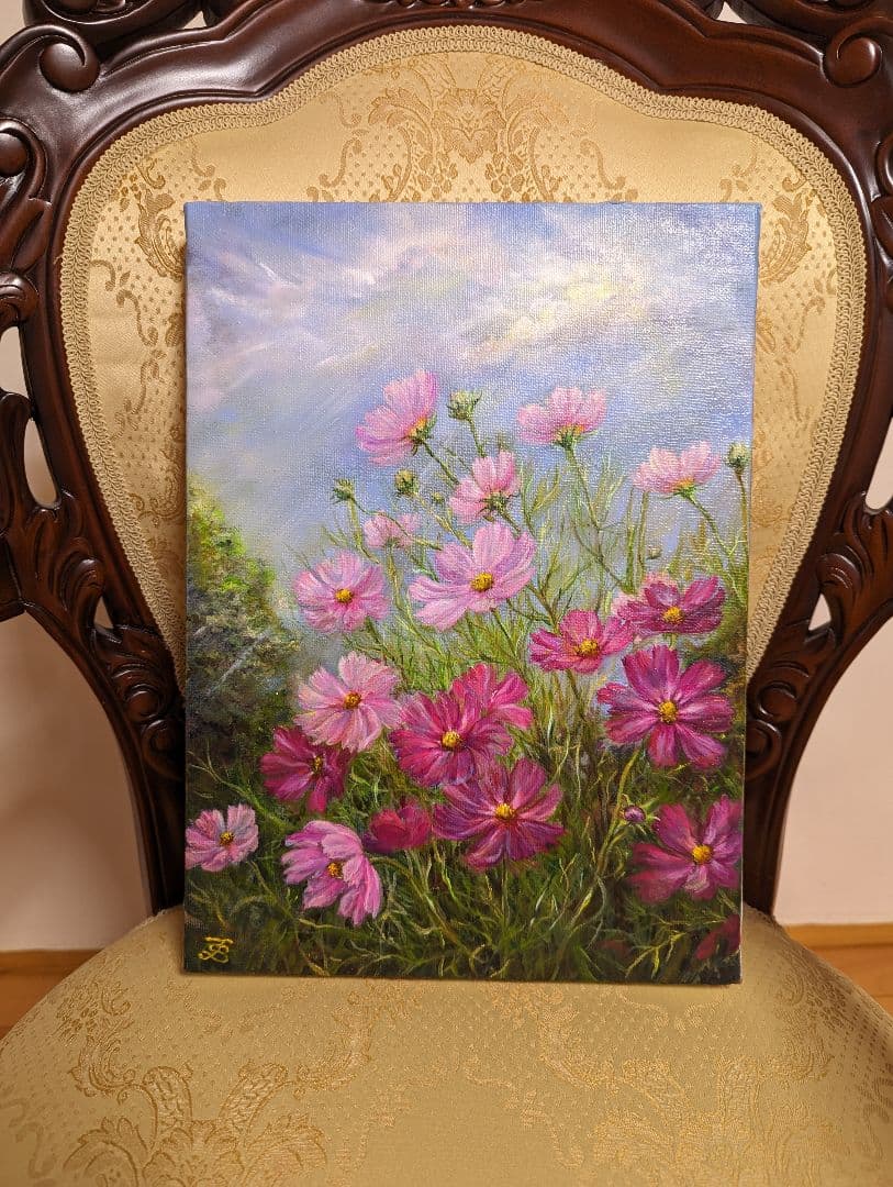 コスモス　風景画　painterTMK真筆　花風景画　肉筆　花絵画　油絵